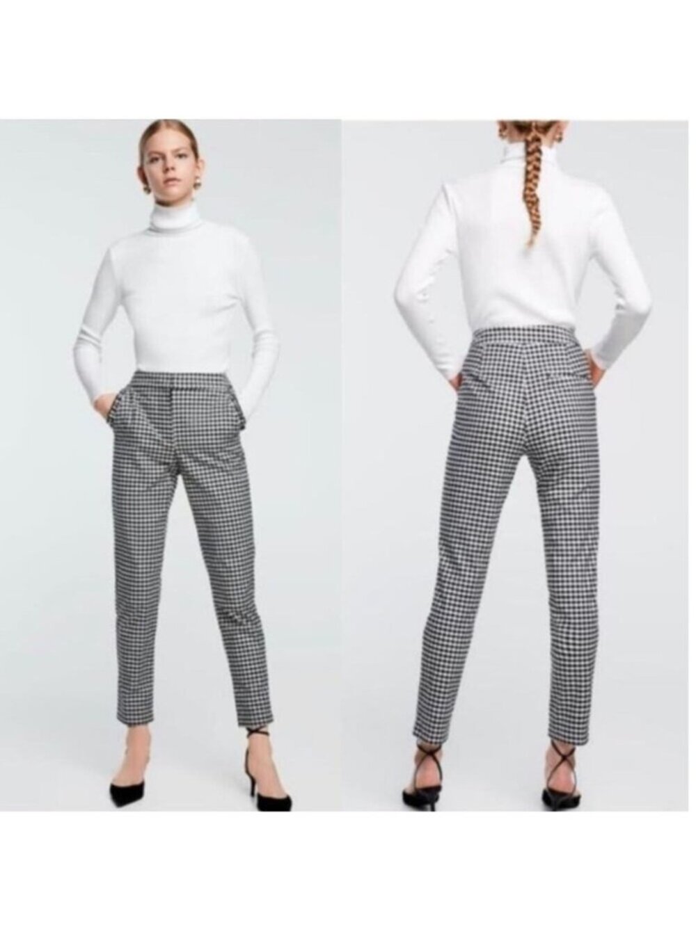 ZARA Black White Gingham Checkered Plaid Mid Rise Ankle Crop Capri Pants S/M